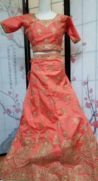 Lehanga - Orange with Pink, Cream embroidery