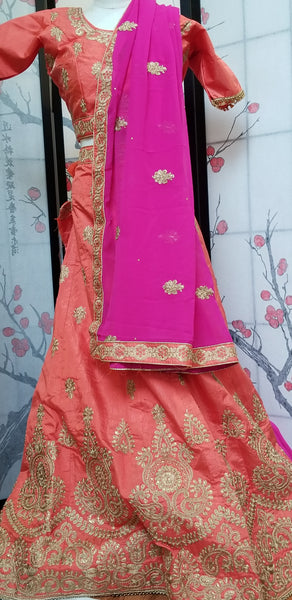 Lehanga - Orange with Pink, Cream embroidery