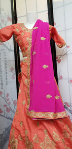 Lehanga - Orange with Pink, Cream embroidery