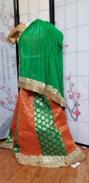 Lehanga - Green and Orange with Gold patterns