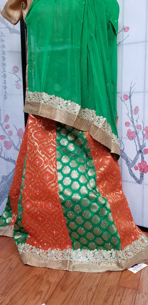 Lehanga - Green and Orange with Gold patterns