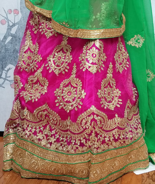 Lehanga - Green with Pink, Gold embroidery