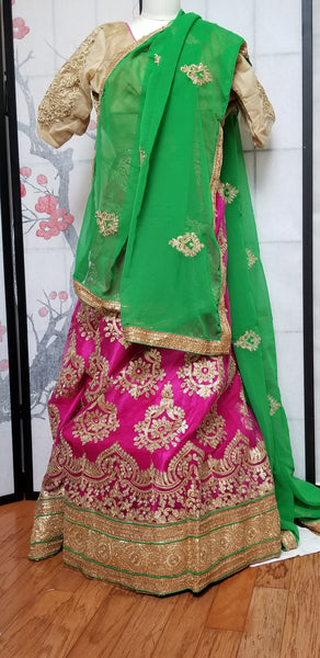 Lehanga - Green with Pink, Gold embroidery