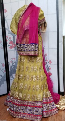 Lehanga - Cream with Pink and Dark Blue embroidery