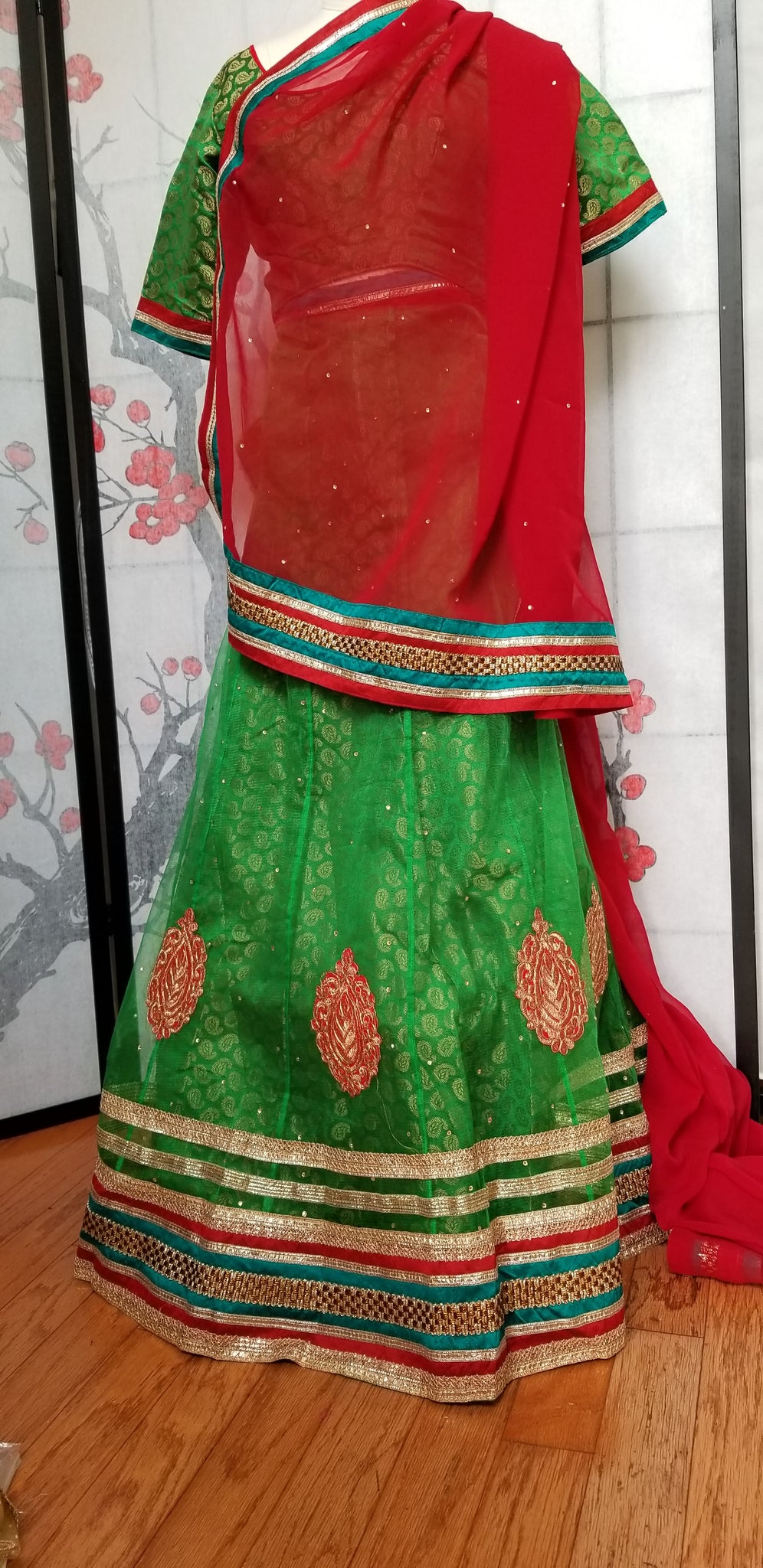 Lehanga - Green with Red embroidery