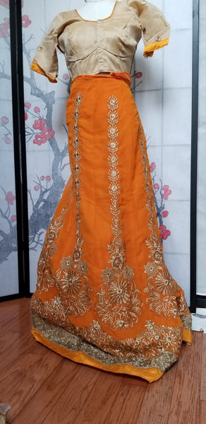 Lehanga - Orange with Cream embroidery