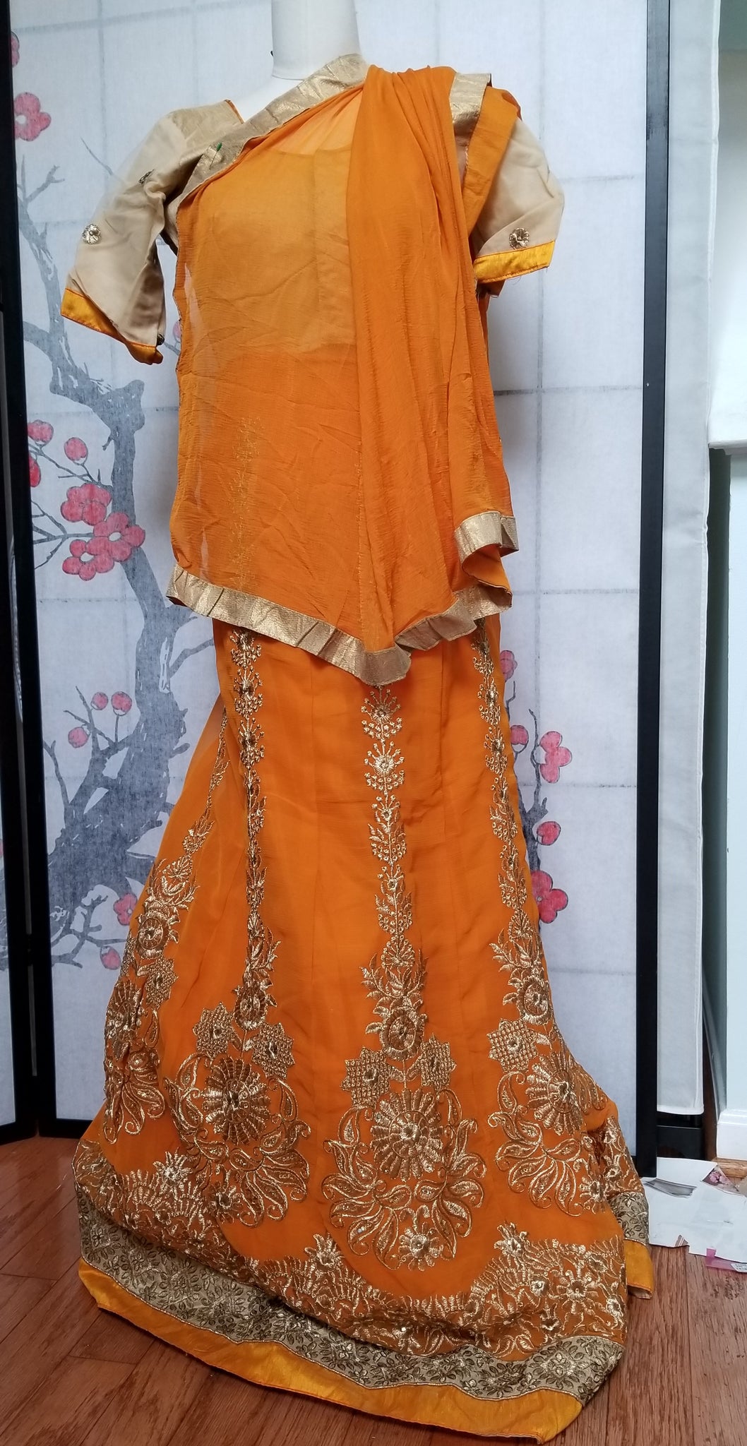 Lehanga - Orange with Cream embroidery