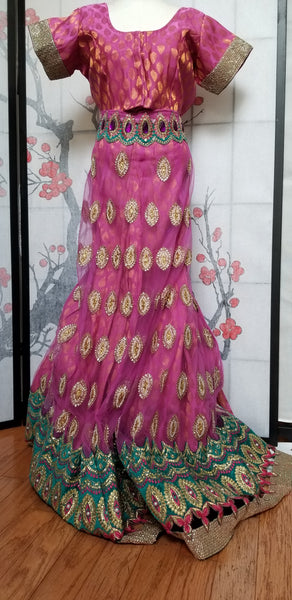 Lehanga - Dark Pink with Green and Cream embroidery