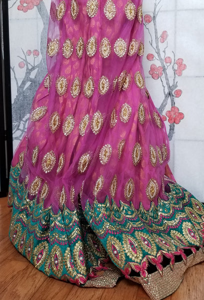 Lehanga - Dark Pink with Green and Cream embroidery