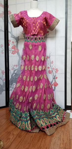 Lehanga - Dark Pink with Green and Cream embroidery