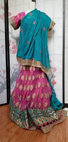 Lehanga - Dark Pink with Green and Cream embroidery