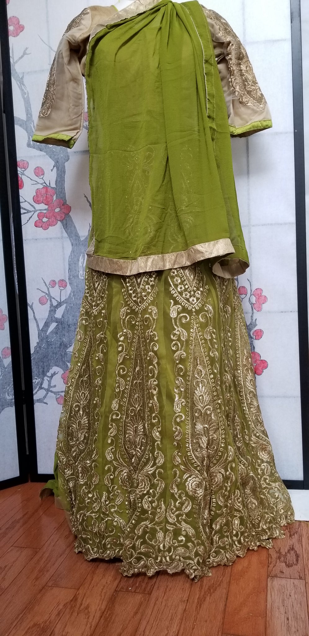 Lehanga - Light Green with Cream embroidery