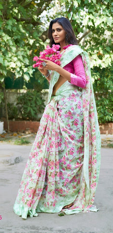 Floral Saree - Green/Pink