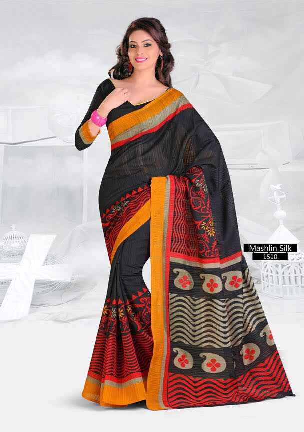 SAREE - Printed, Mulit-color, Mashlin Silk  Catalog 1510