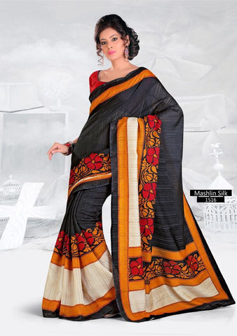 SAREE - Printed, Mulit-color, Mashlin Silk  Catalog 1516