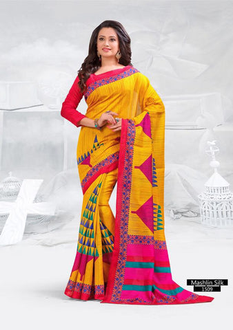 SAREE - Printed, Mulit-color, Mashlin Silk  Catalog 1509